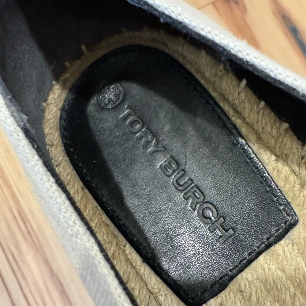 Tory Burch Beige Canvas Espadrille Flats with Black Toe Caps
